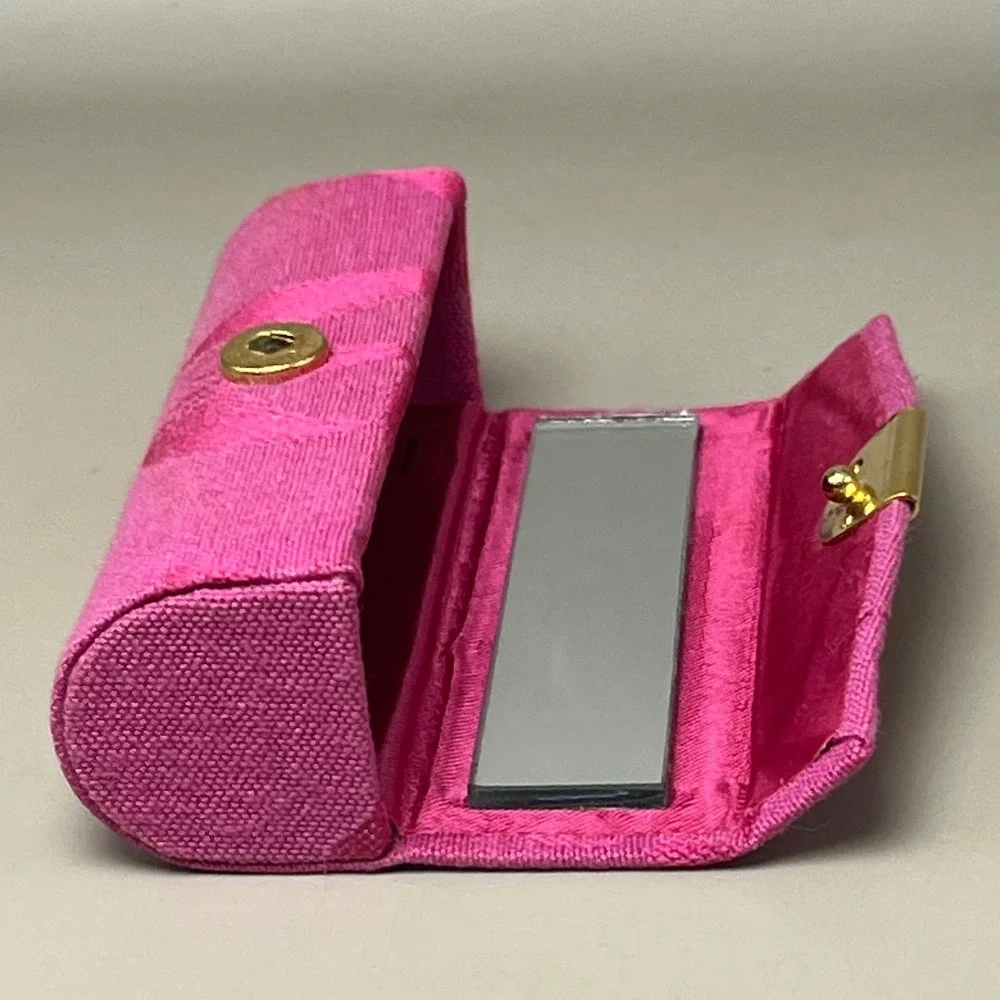 Mary Kay Pink Floral Fabric Lipstick Case Mirror Gold Tone Hardware 3.5